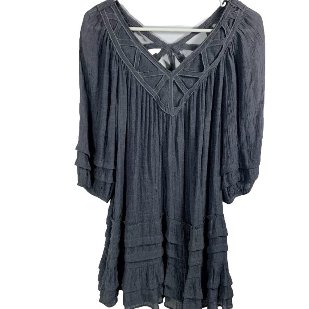 Monoreno Dress Tunic Sz S Ruffle‎ Gray Tiered Boho Peasant Coverup Festival Lace